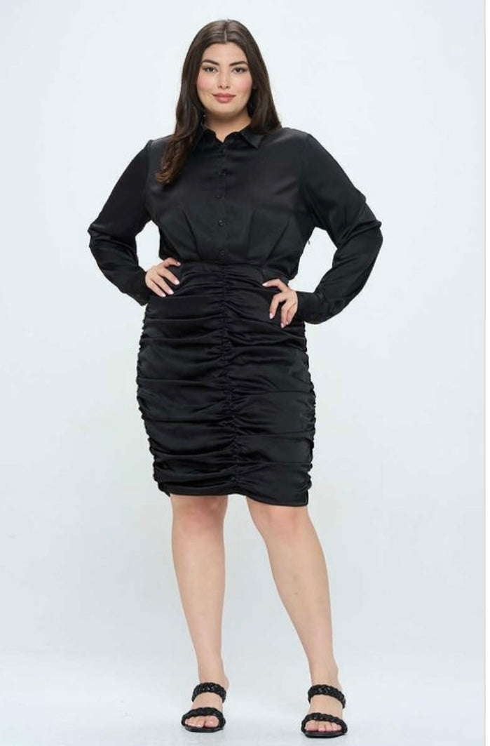 Black Ruched Satin Dress