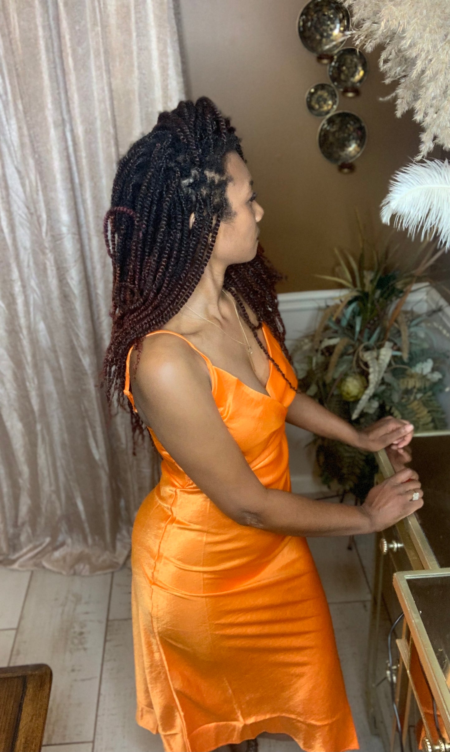 Spaghetti Strap Orange Satin Dress