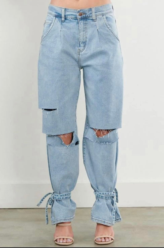 Denim tie pleated Jeans