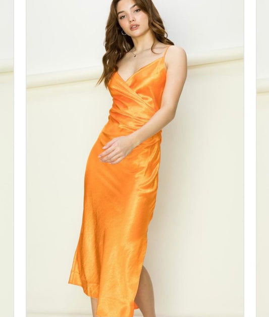 Spaghetti Strap Orange Satin Dress