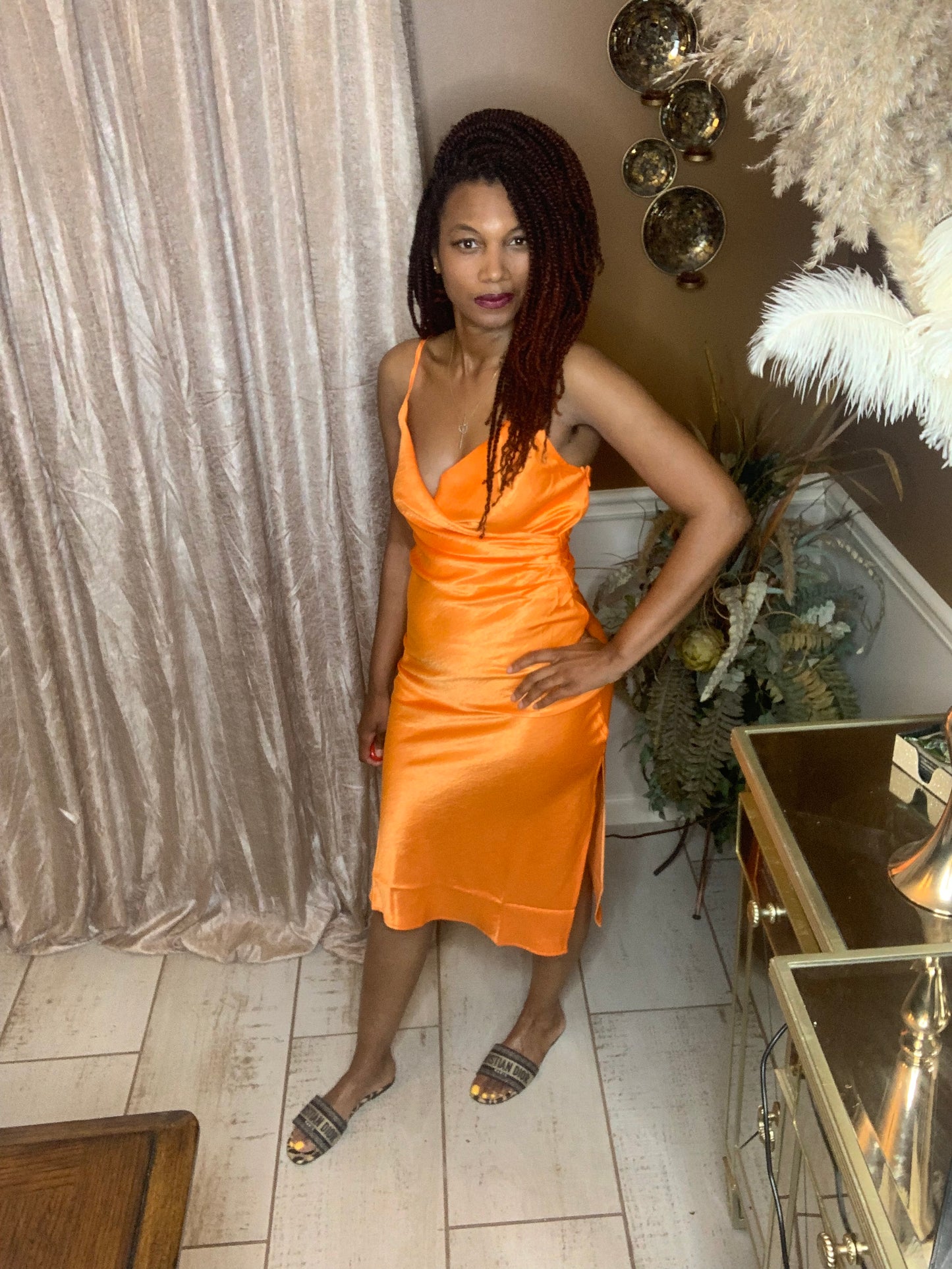 Spaghetti Strap Orange Satin Dress