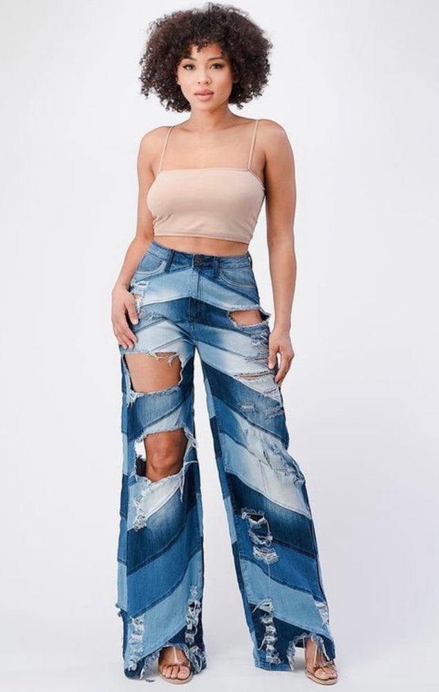 Wide leg distressed denim patch jeans