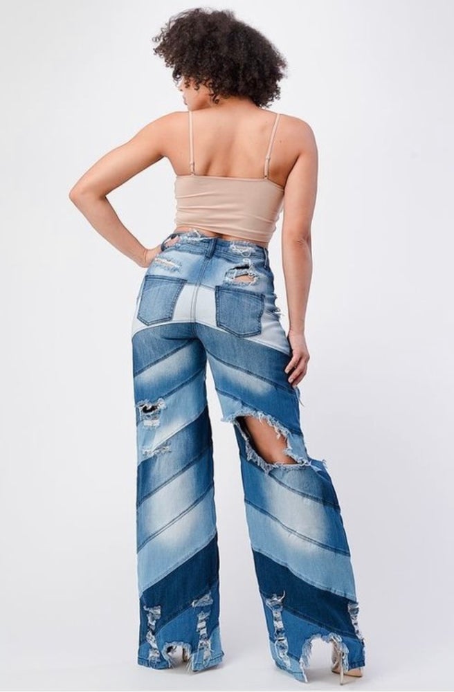 Wide leg distressed denim patch jeans