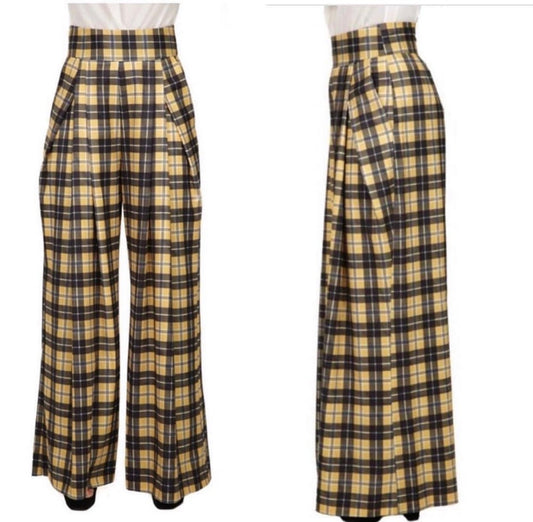 Yellow Plaid Wideleg Pante